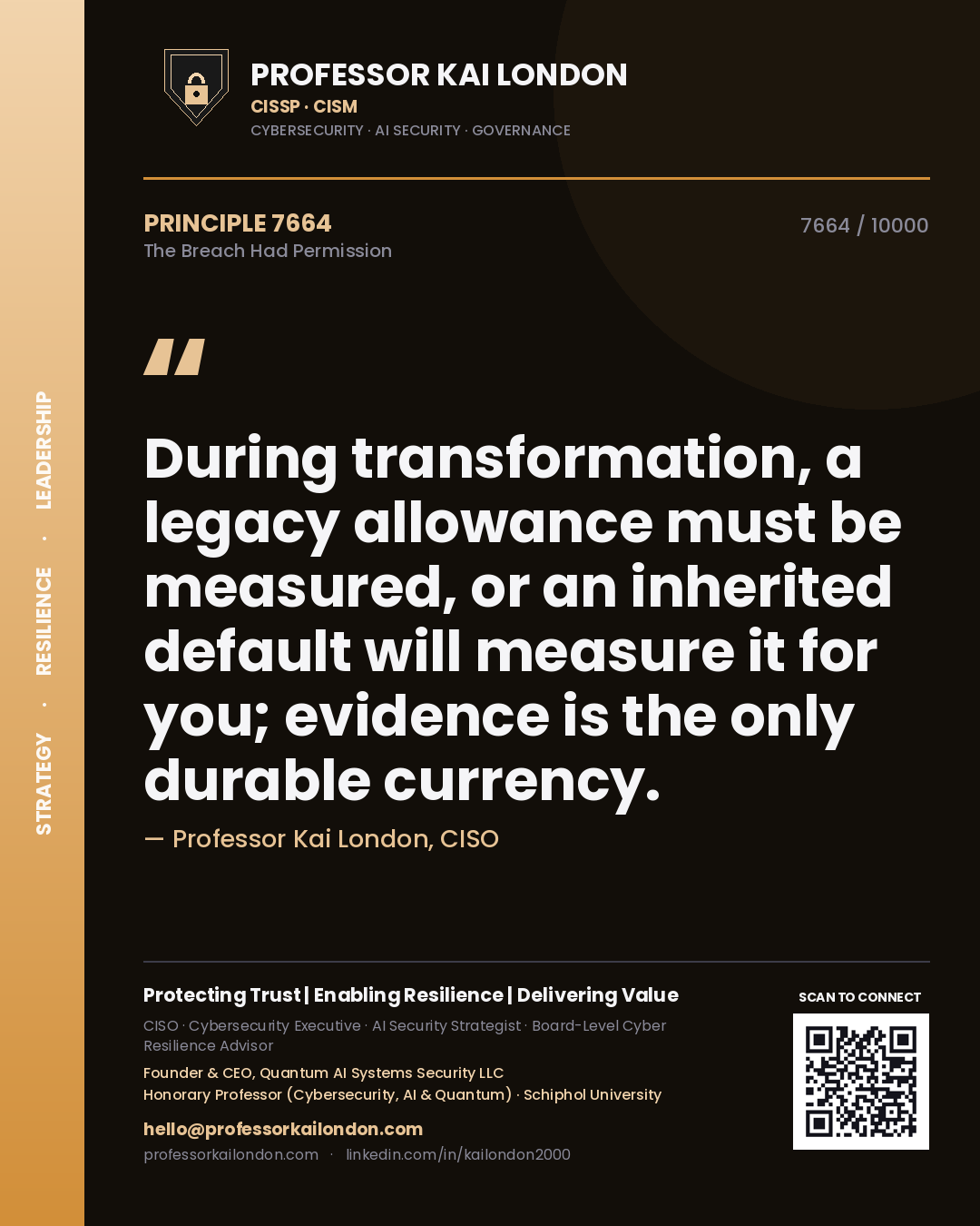 Quote card by Professor Kai London reading 'During transformation, a legacy allowance must be measured, or an inherited default will measure it for you; evidence is the only durable currency.'. From the book The Breach Had Permission.