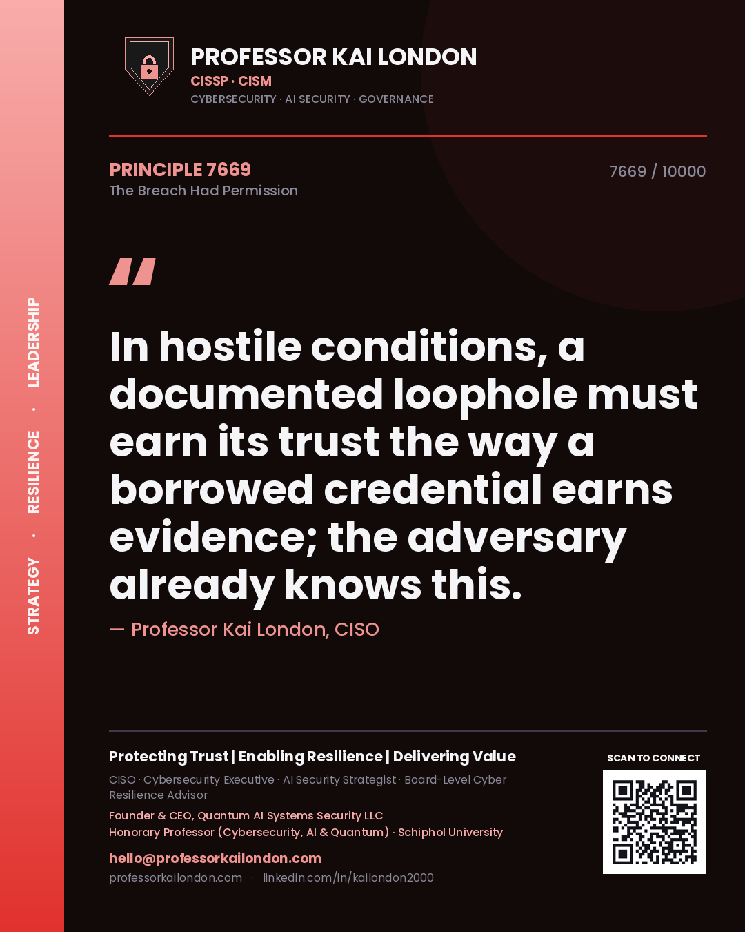 Quote card by Professor Kai London reading 'In hostile conditions, a documented loophole must earn its trust the way a borrowed credential earns evidence; the adversary already knows this.'. From the book The Breach Had Permission.