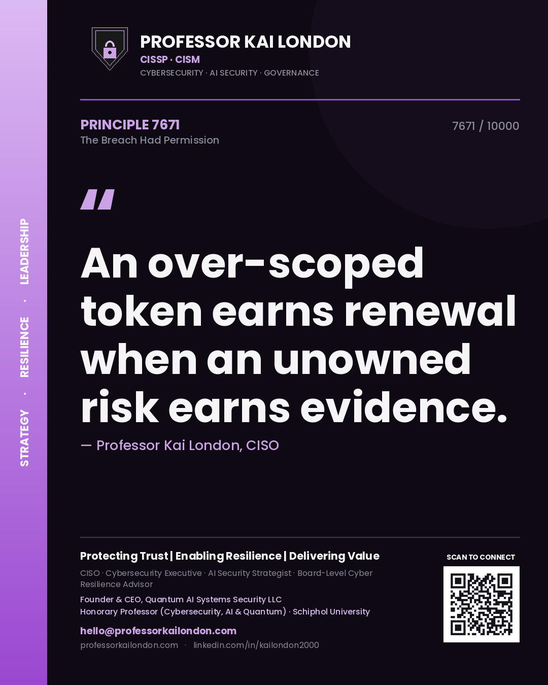 Quote card by Professor Kai London reading 'An over-scoped token earns renewal when an unowned risk earns evidence.'. From the book The Breach Had Permission.