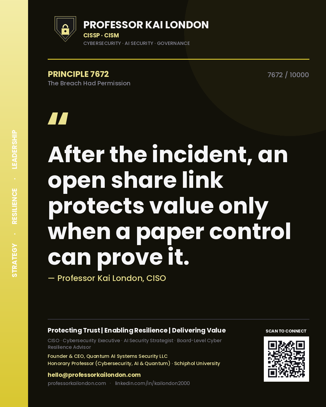 Professor Kai London principle 7672: After the incident, an open share link protects value only when a paper control can prove it.