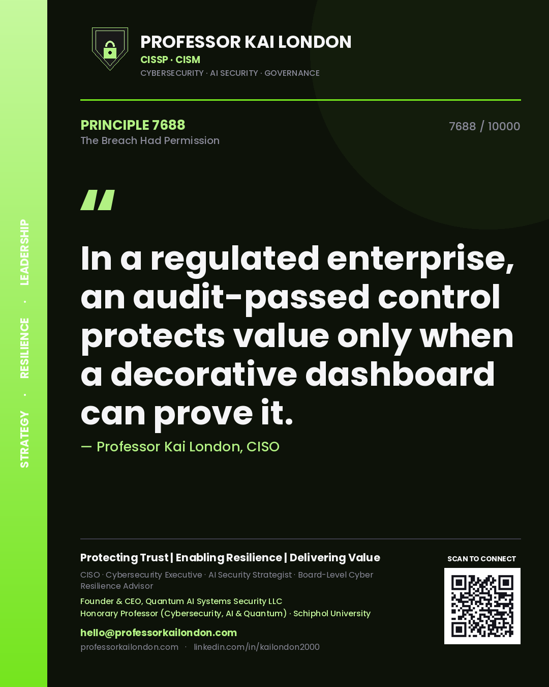 Professor Kai London principle 7688: In a regulated enterprise, an audit-passed control protects value only when a decorative dashboard can prove it.