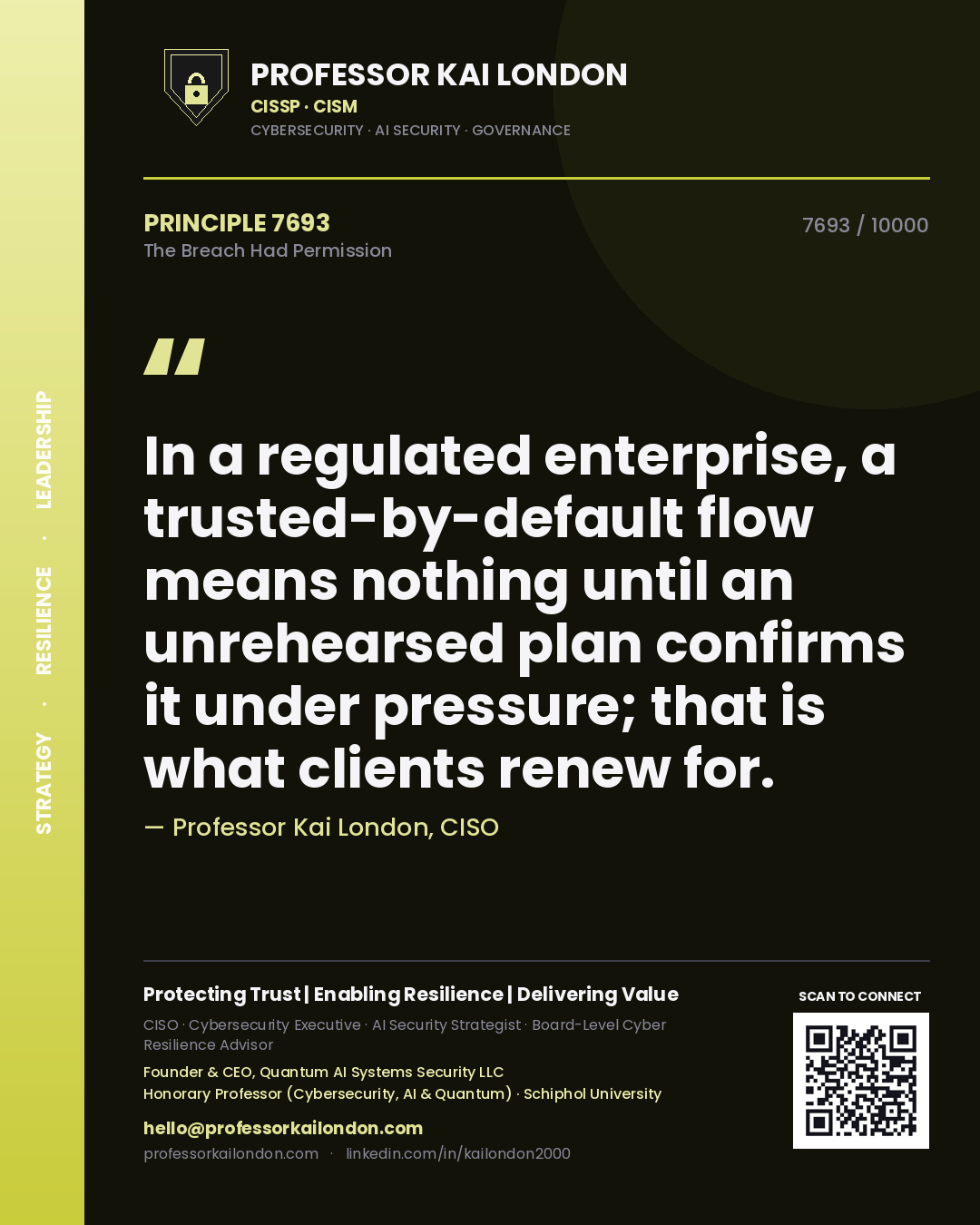 Professor Kai London principle 7693: In a regulated enterprise, a trusted-by-default flow means nothing until an unrehearsed plan confirms it under pressure; that is what clients renew for.