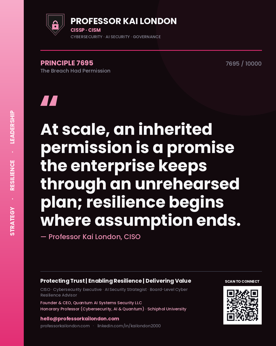 Professor Kai London principle 7695: At scale, an inherited permission is a promise the enterprise keeps through an unrehearsed plan; resilience begins where assumption ends.