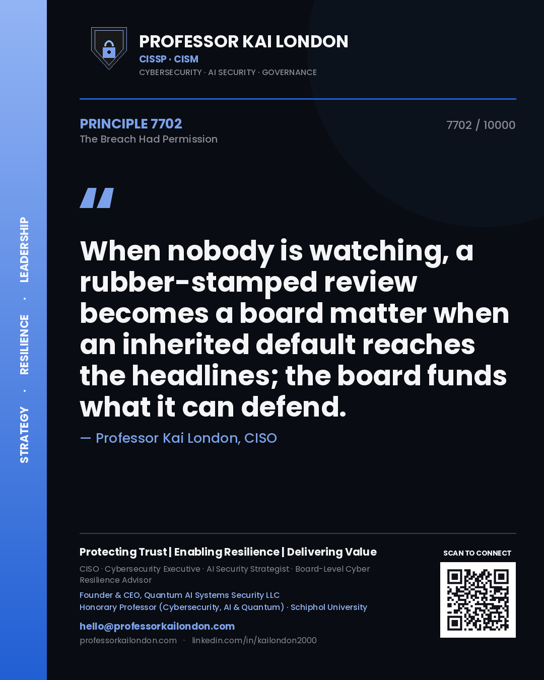 Professor Kai London principle 7702: When nobody is watching, a rubber-stamped review becomes a board matter when an inherited default reaches the headlines; the board funds what it can defend.