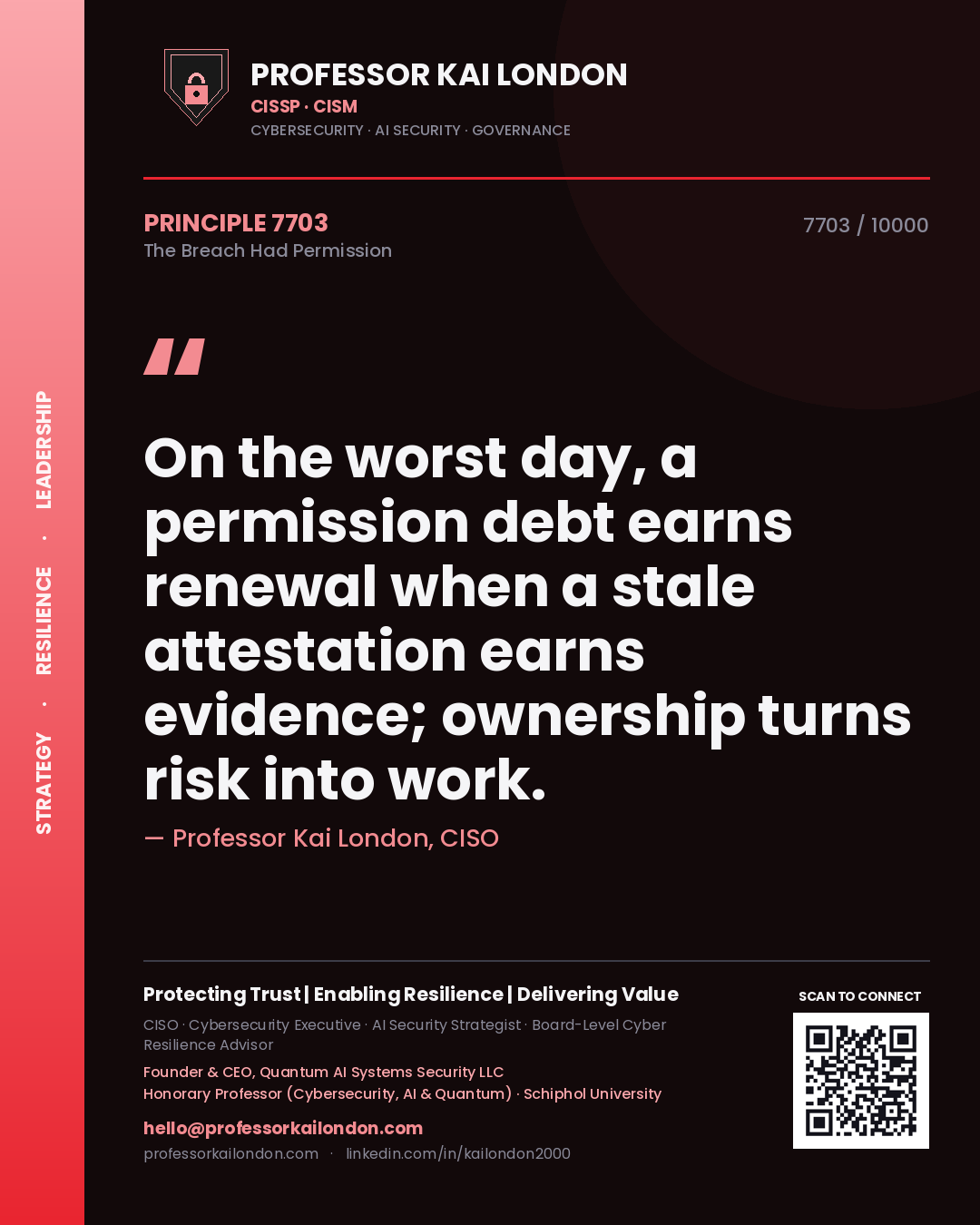 Professor Kai London principle 7703: On the worst day, a permission debt earns renewal when a stale attestation earns evidence; ownership turns risk into work.