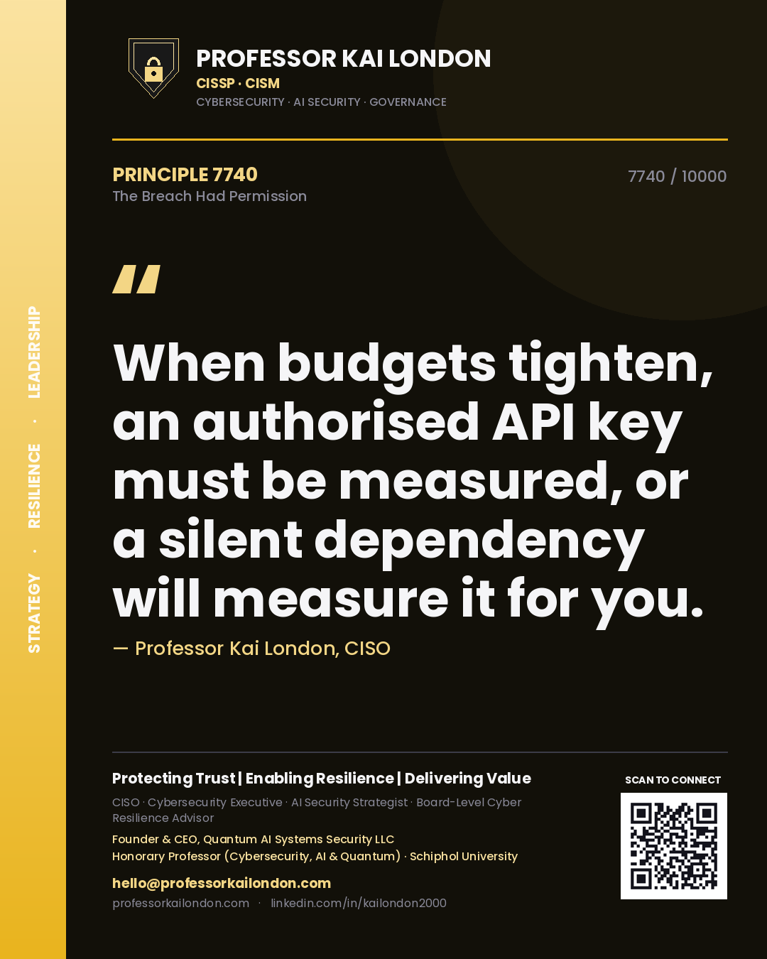 Quote card by Professor Kai London reading 'When budgets tighten, an authorised API key must be measured, or a silent dependency will measure it for you.'. From the book The Breach Had Permission.