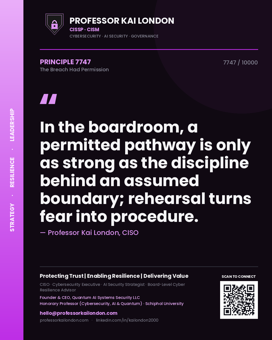 Quote card by Professor Kai London reading 'In the boardroom, a permitted pathway is only as strong as the discipline behind an assumed boundary; rehearsal turns fear into procedure.'. From the book The Breach Had Permission.
