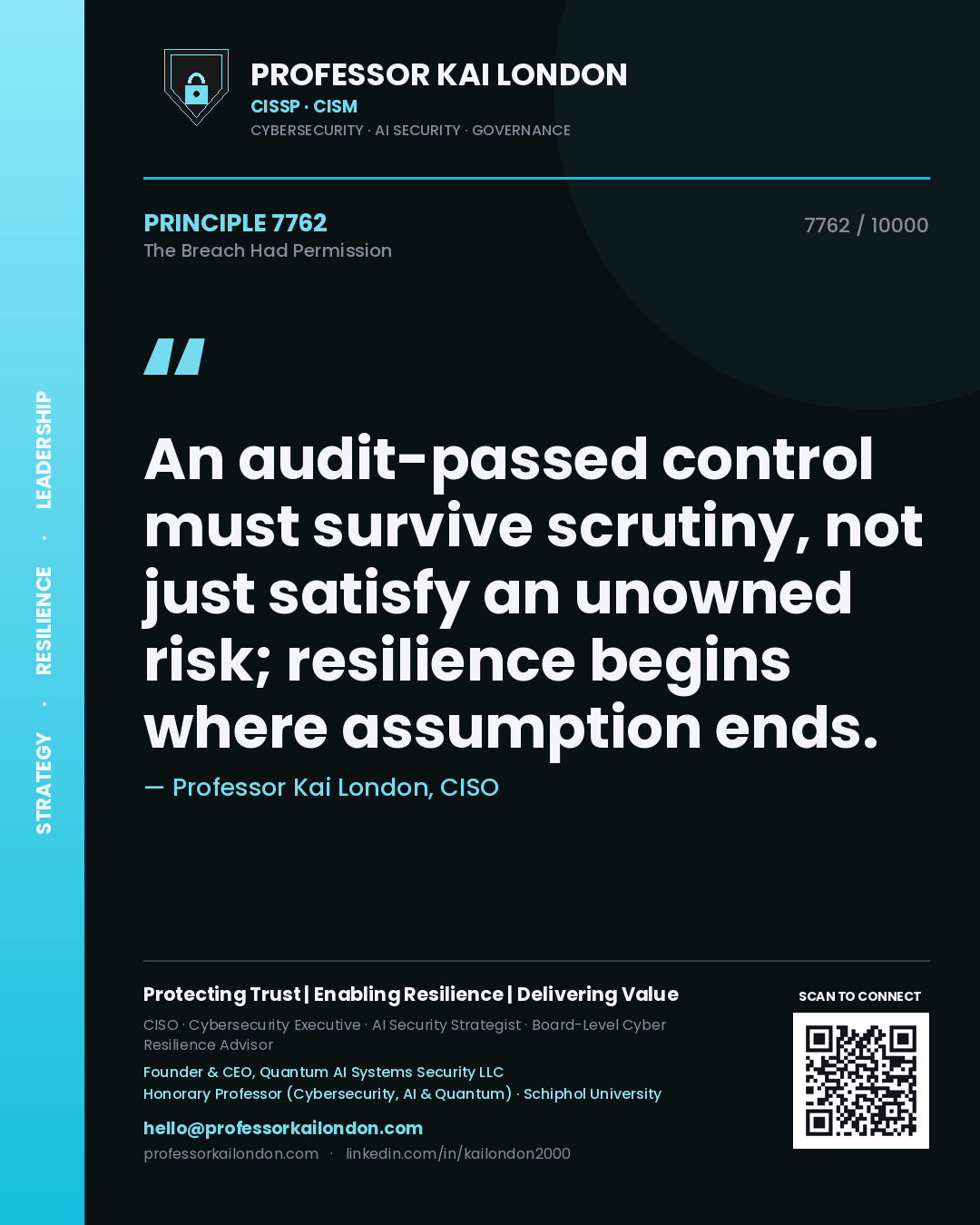 Quote card by Professor Kai London reading 'An audit-passed control must survive scrutiny, not just satisfy an unowned risk; resilience begins where assumption ends.'. From the book The Breach Had Permission.