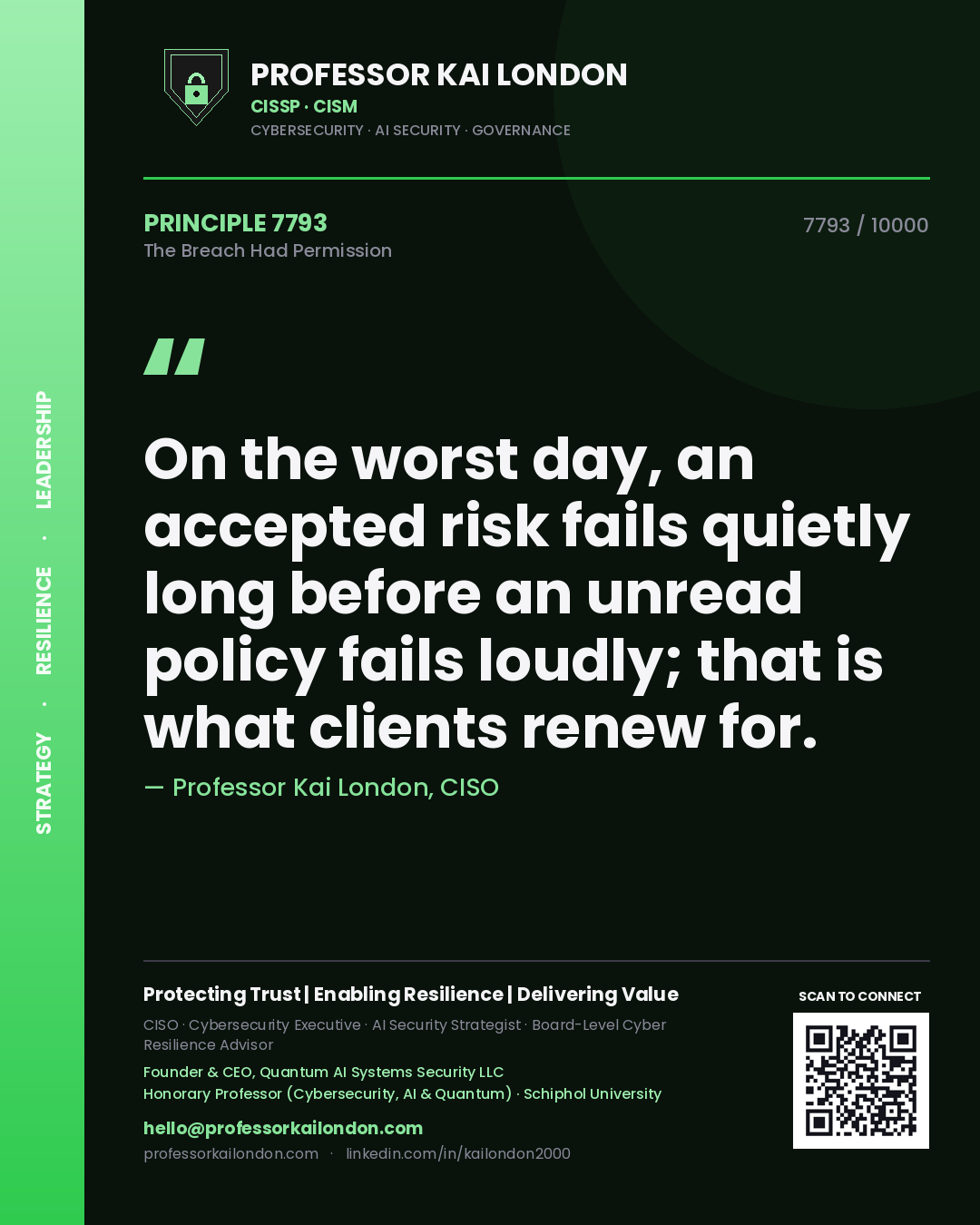 Quote card by Professor Kai London reading 'On the worst day, an accepted risk fails quietly long before an unread policy fails loudly; that is what clients renew for.'. From the book The Breach Had Permission.
