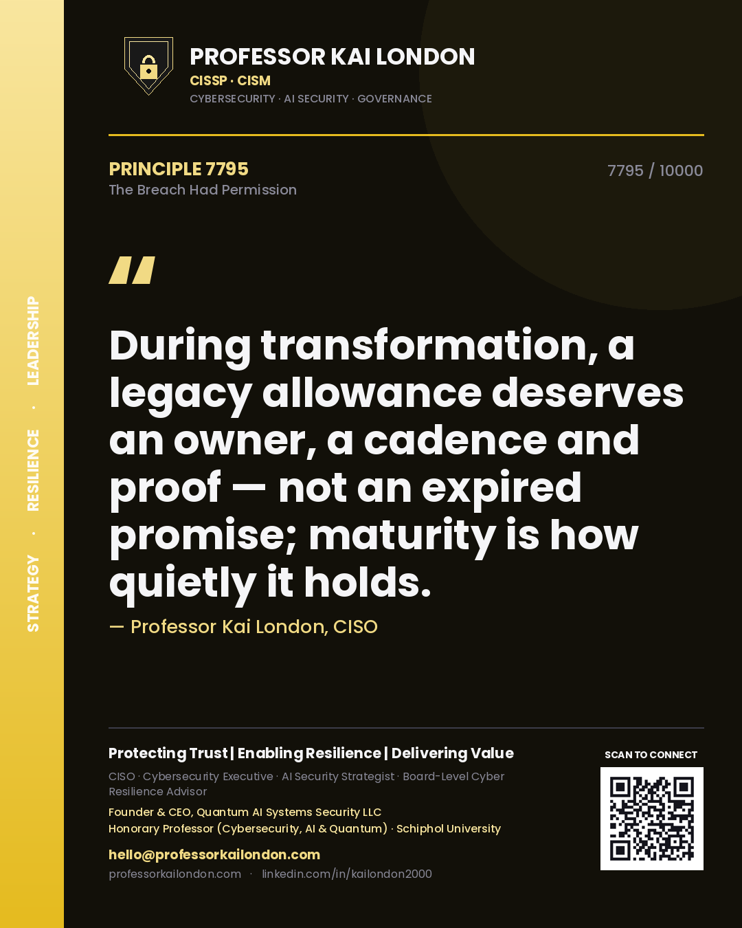 Professor Kai London principle 7795: During transformation, a legacy allowance deserves an owner, a cadence and proof — not an expired promise; maturity is how quietly it holds.