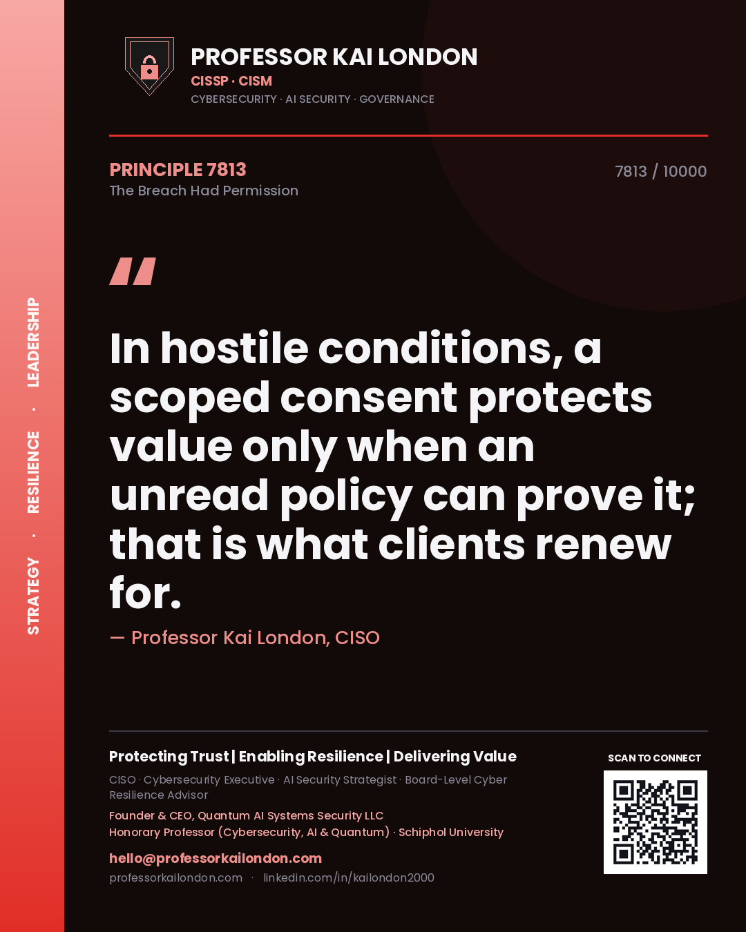 Professor Kai London principle 7813: In hostile conditions, a scoped consent protects value only when an unread policy can prove it; that is what clients renew for.