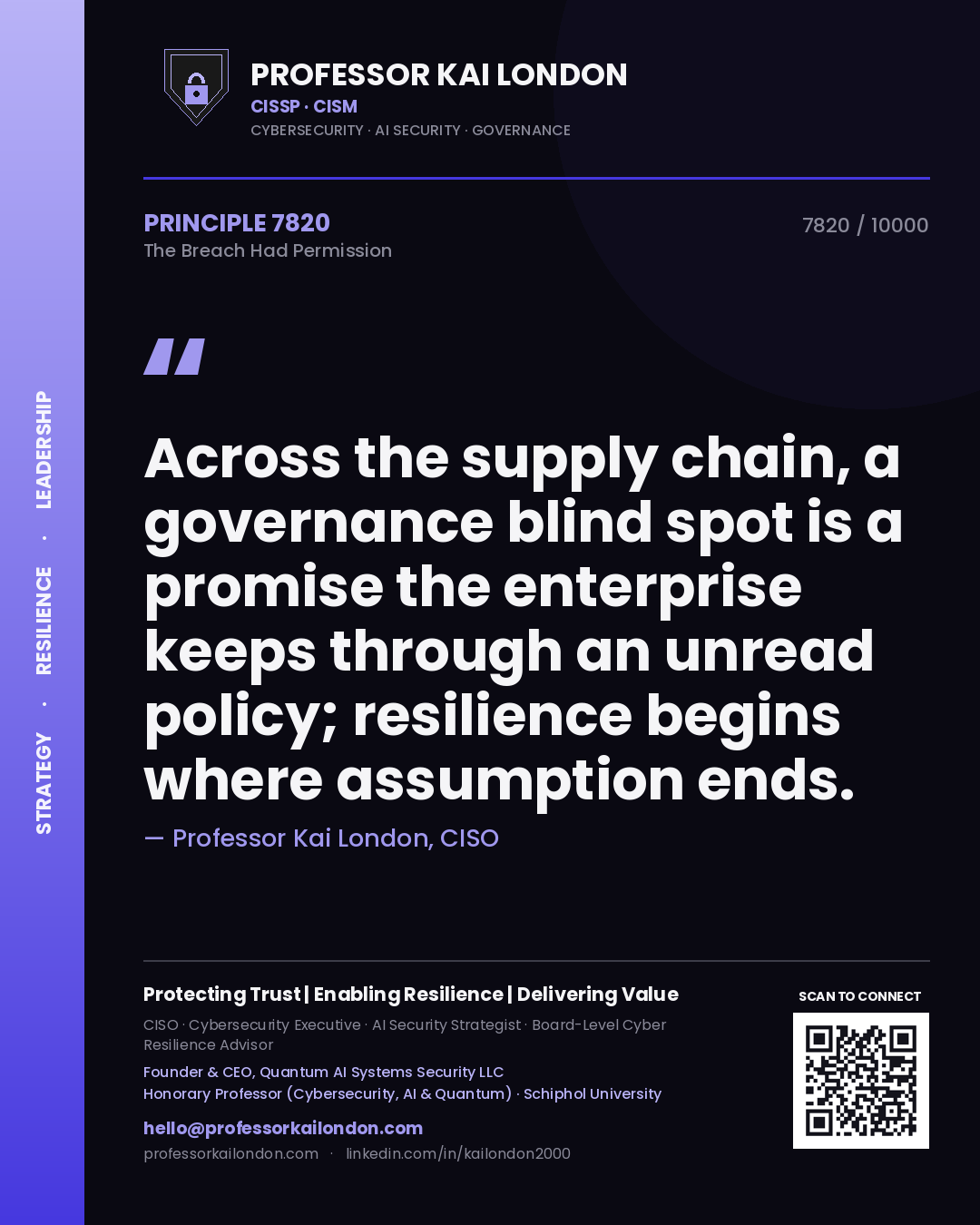 Professor Kai London principle 7820: Across the supply chain, a governance blind spot is a promise the enterprise keeps through an unread policy; resilience begins where assumption ends.