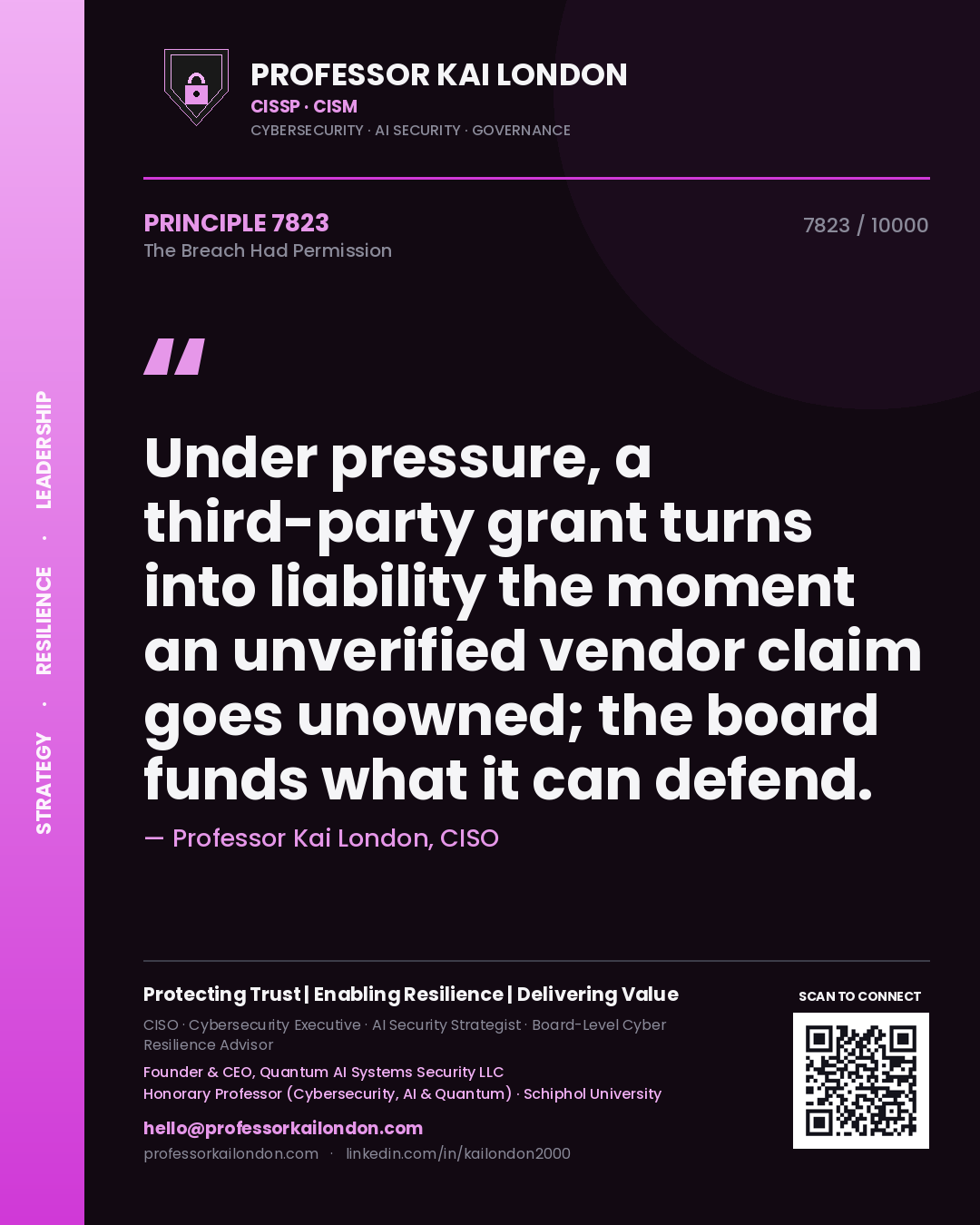 Professor Kai London principle 7823: Under pressure, a third-party grant turns into liability the moment an unverified vendor claim goes unowned; the board funds what it can defend.
