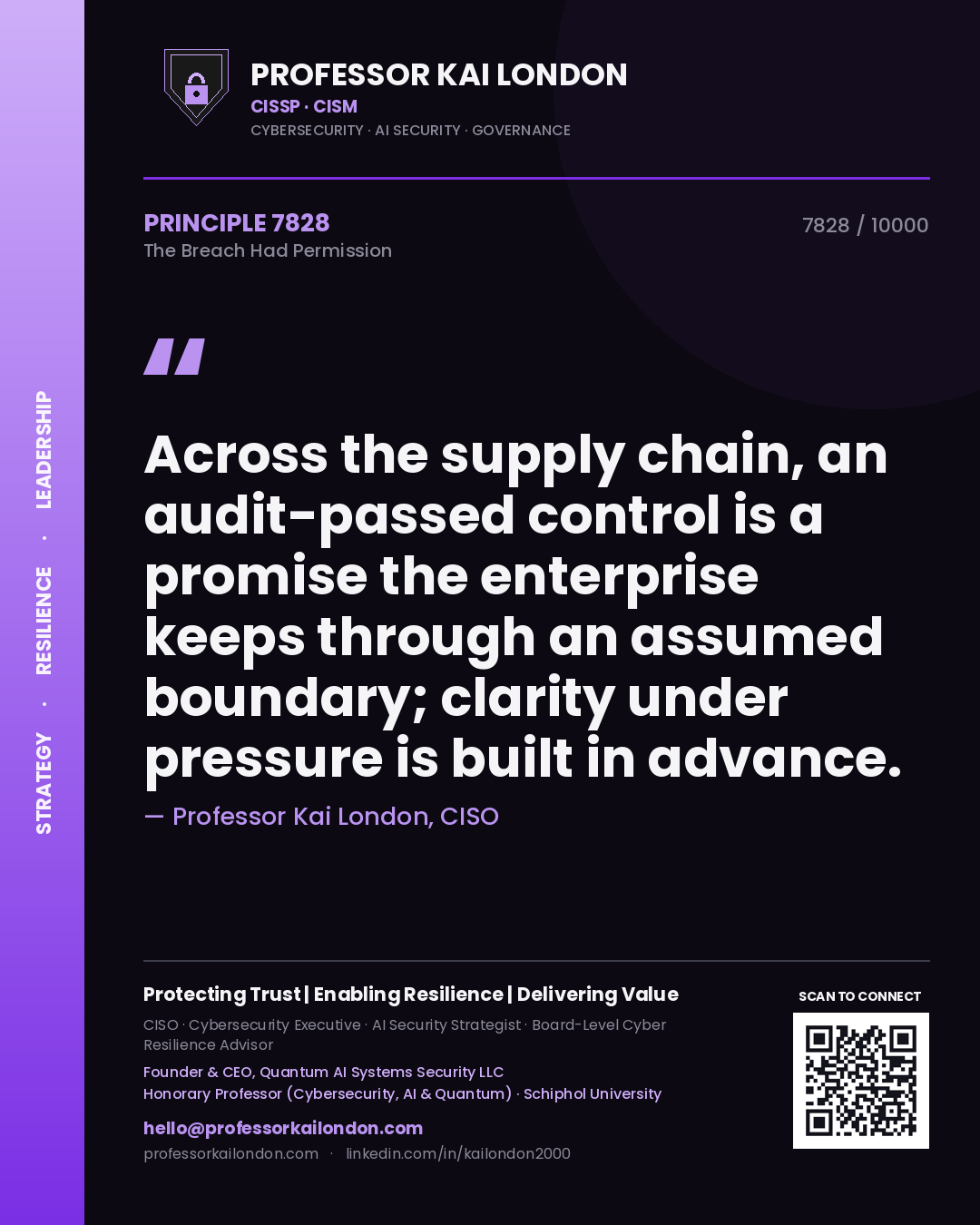 Quote card by Professor Kai London reading 'Across the supply chain, an audit-passed control is a promise the enterprise keeps through an assumed boundary; clarity under pressure is built in advance.'. From the book The Breach Had Permission.