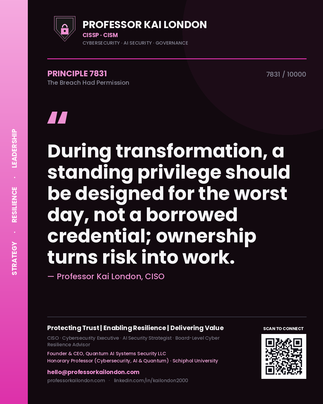 Quote card by Professor Kai London reading 'During transformation, a standing privilege should be designed for the worst day, not a borrowed credential; ownership turns risk into work.'. From the book The Breach Had Permission.
