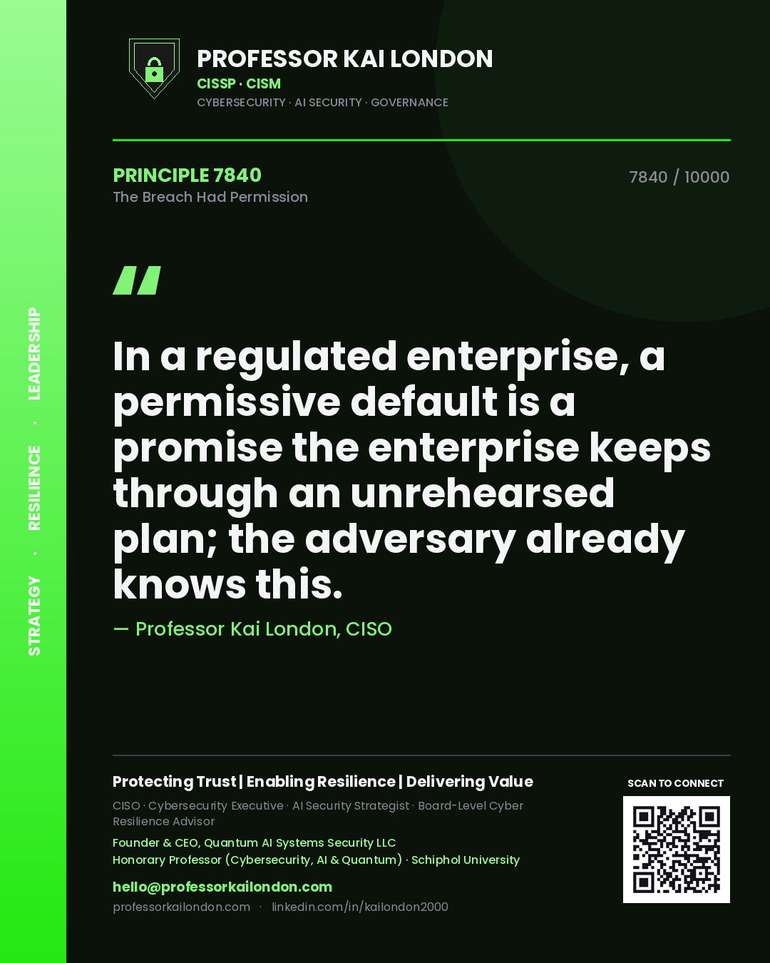 Quote card by Professor Kai London reading 'In a regulated enterprise, a permissive default is a promise the enterprise keeps through an unrehearsed plan; the adversary already knows this.'. From the book The Breach Had Permission.