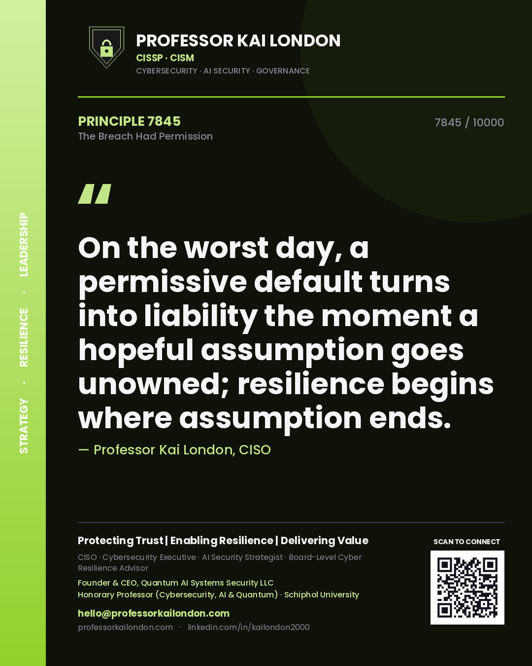 Professor Kai London principle 7845: On the worst day, a permissive default turns into liability the moment a hopeful assumption goes unowned; resilience begins where assumption ends.
