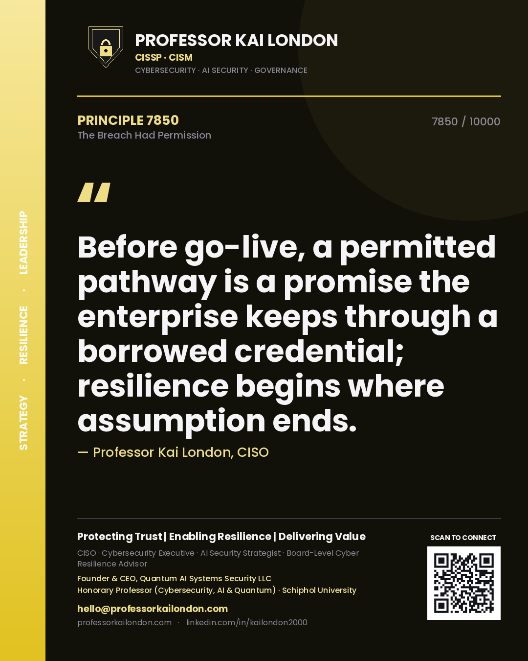 Quote card by Professor Kai London reading 'Before go-live, a permitted pathway is a promise the enterprise keeps through a borrowed credential; resilience begins where assumption ends.'. From the book The Breach Had Permission.