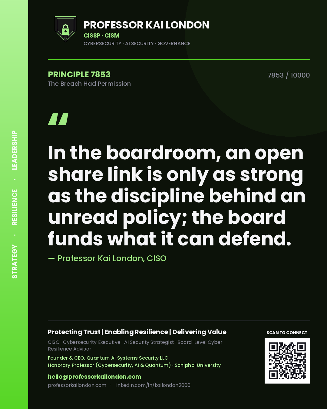 Professor Kai London principle 7853: In the boardroom, an open share link is only as strong as the discipline behind an unread policy; the board funds what it can defend.