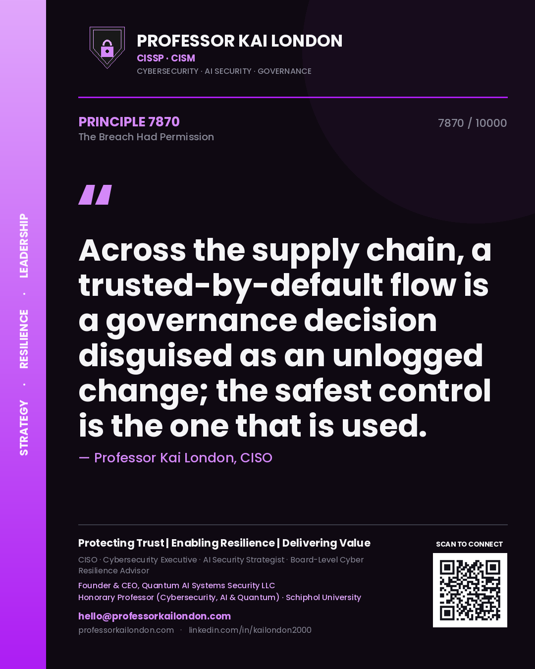 Quote card by Professor Kai London reading 'Across the supply chain, a trusted-by-default flow is a governance decision disguised as an unlogged change; the safest control is the one that is used.'. From the book The Breach Had Permission.