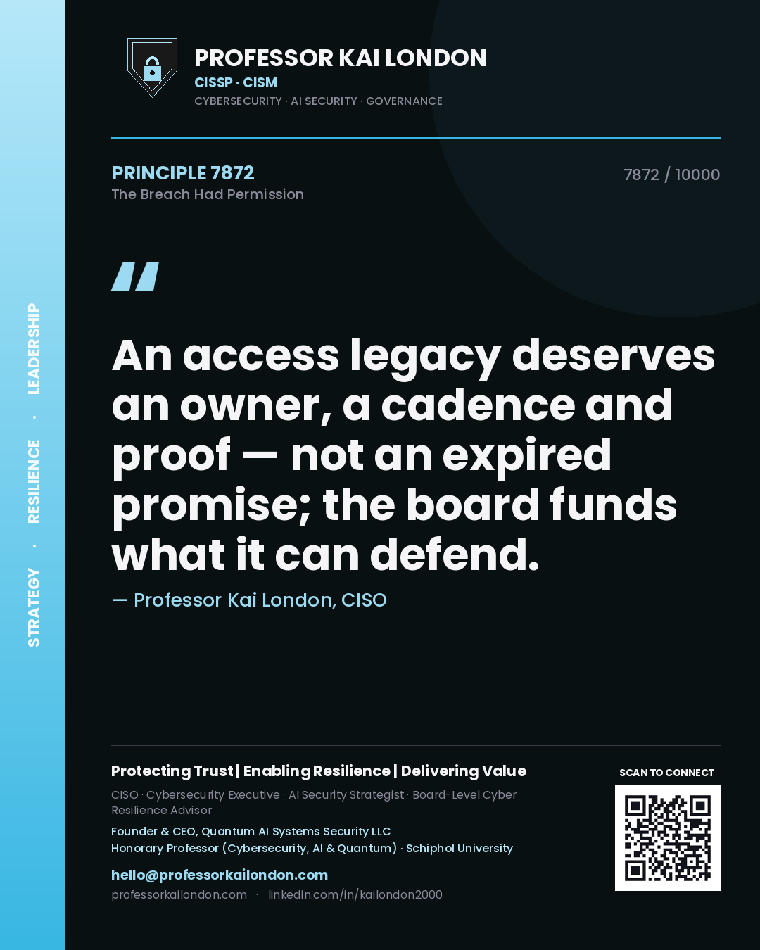 Professor Kai London principle 7872: An access legacy deserves an owner, a cadence and proof — not an expired promise; the board funds what it can defend.