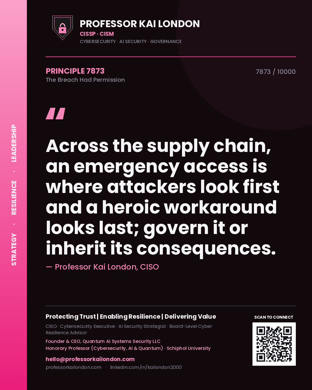 Quote card by Professor Kai London reading 'Across the supply chain, an emergency access is where attackers look first and a heroic workaround looks last; govern it or inherit its consequences.'. From the book The Breach Had Permission.