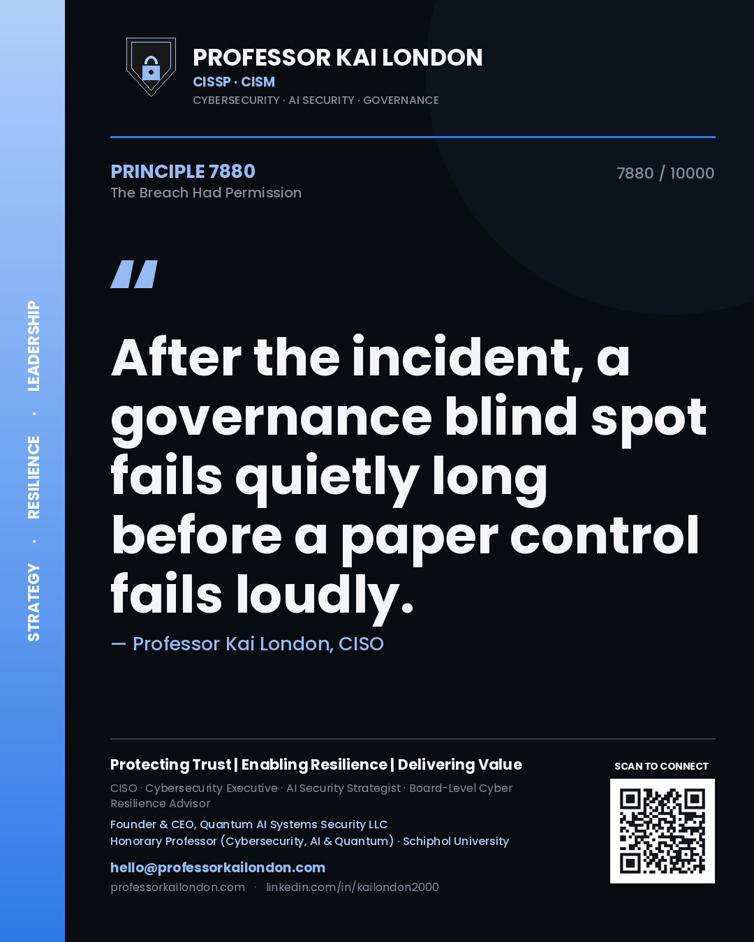 Quote card by Professor Kai London reading 'After the incident, a governance blind spot fails quietly long before a paper control fails loudly.'. From the book The Breach Had Permission.