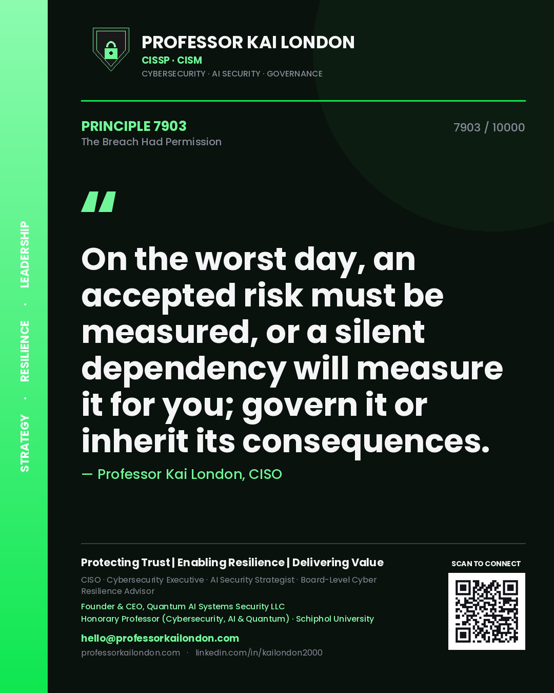 Professor Kai London principle 7903: On the worst day, an accepted risk must be measured, or a silent dependency will measure it for you; govern it or inherit its consequences.