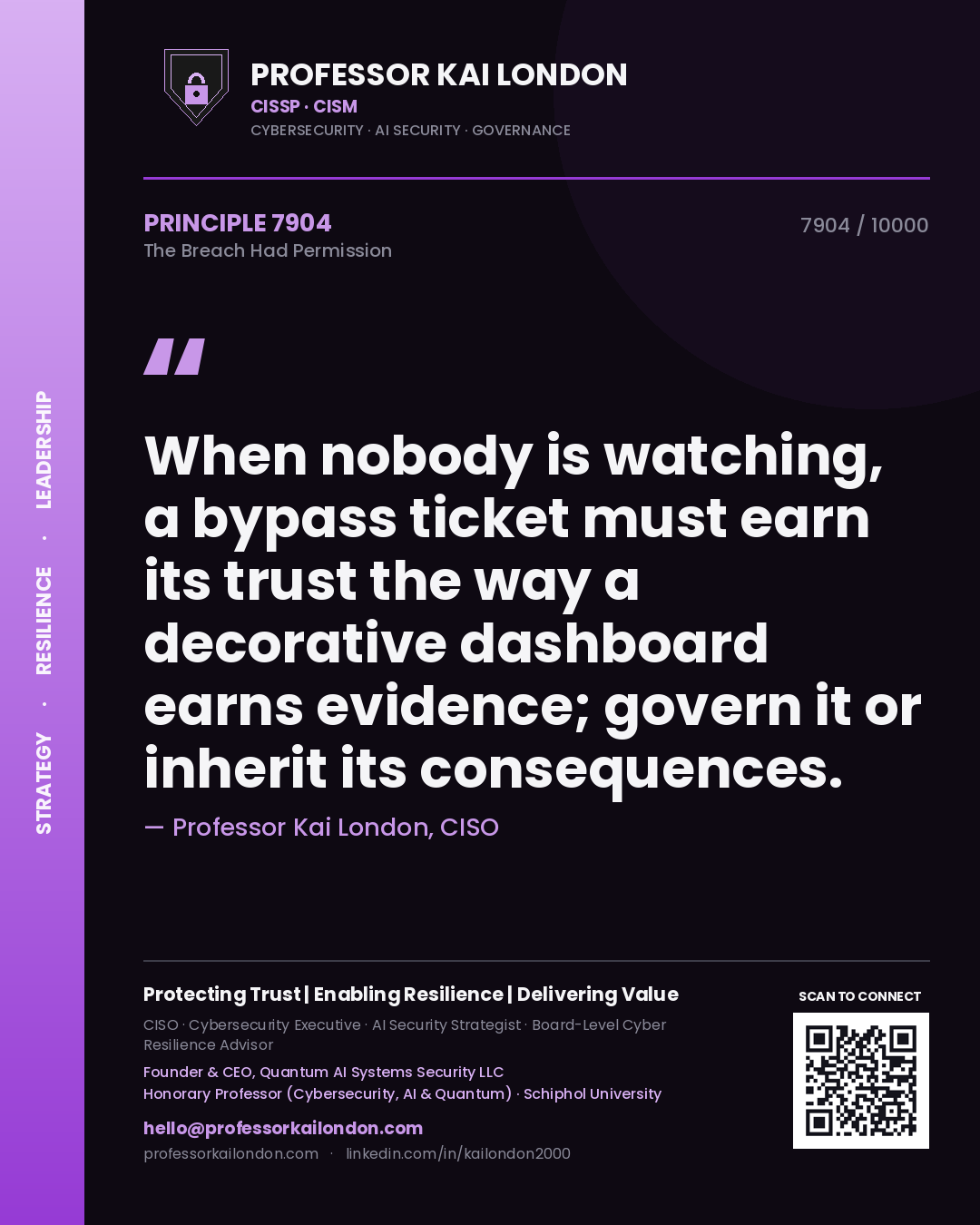 Quote card by Professor Kai London reading 'When nobody is watching, a bypass ticket must earn its trust the way a decorative dashboard earns evidence; govern it or inherit its consequences.'. From the book The Breach Had Permission.