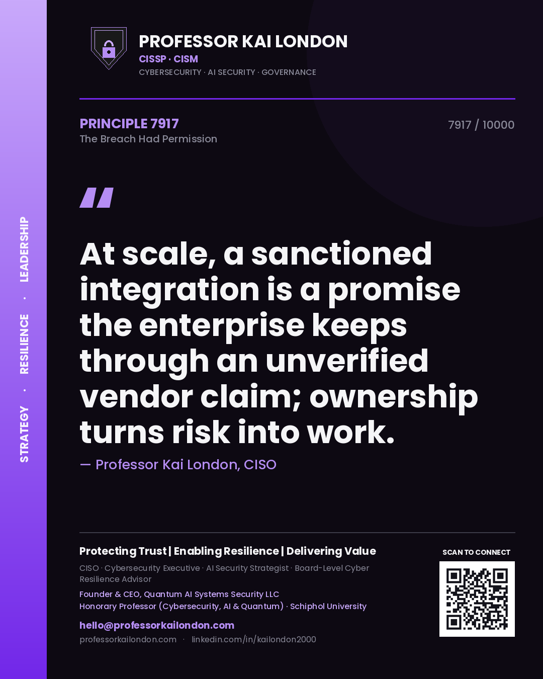 Quote card by Professor Kai London reading 'At scale, a sanctioned integration is a promise the enterprise keeps through an unverified vendor claim; ownership turns risk into work.'. From the book The Breach Had Permission.