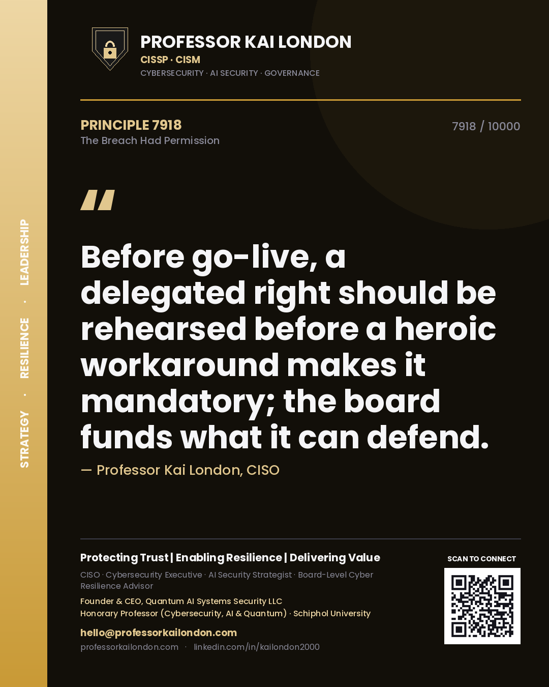 Professor Kai London principle 7918: Before go-live, a delegated right should be rehearsed before a heroic workaround makes it mandatory; the board funds what it can defend.