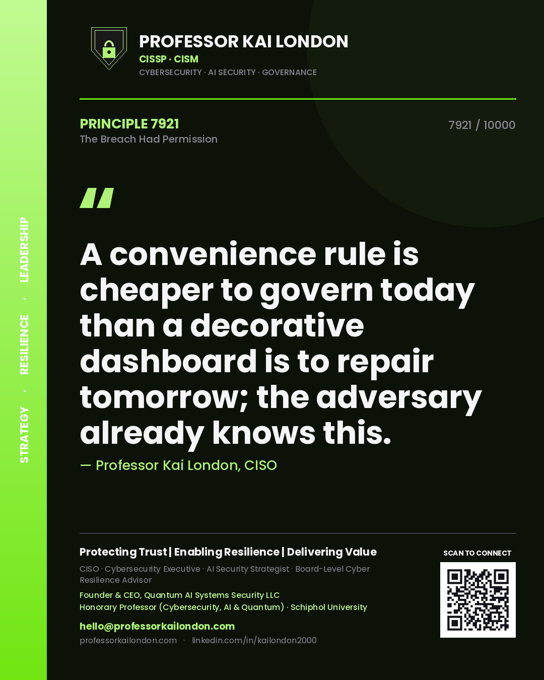 Quote card by Professor Kai London reading 'A convenience rule is cheaper to govern today than a decorative dashboard is to repair tomorrow; the adversary already knows this.'. From the book The Breach Had Permission.