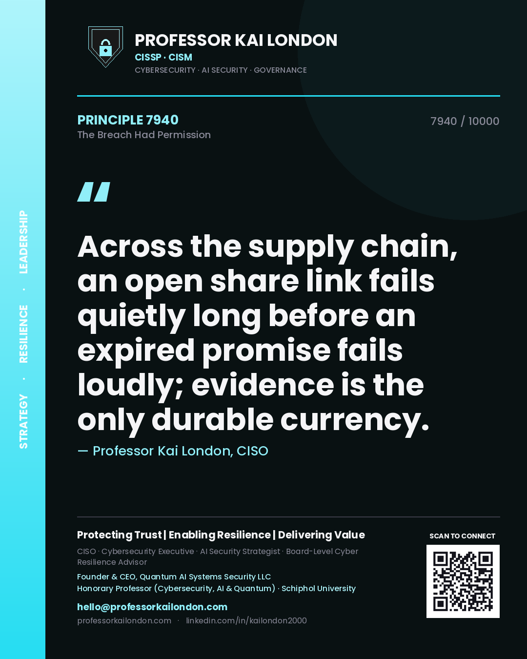 Professor Kai London principle 7940: Across the supply chain, an open share link fails quietly long before an expired promise fails loudly; evidence is the only durable currency.