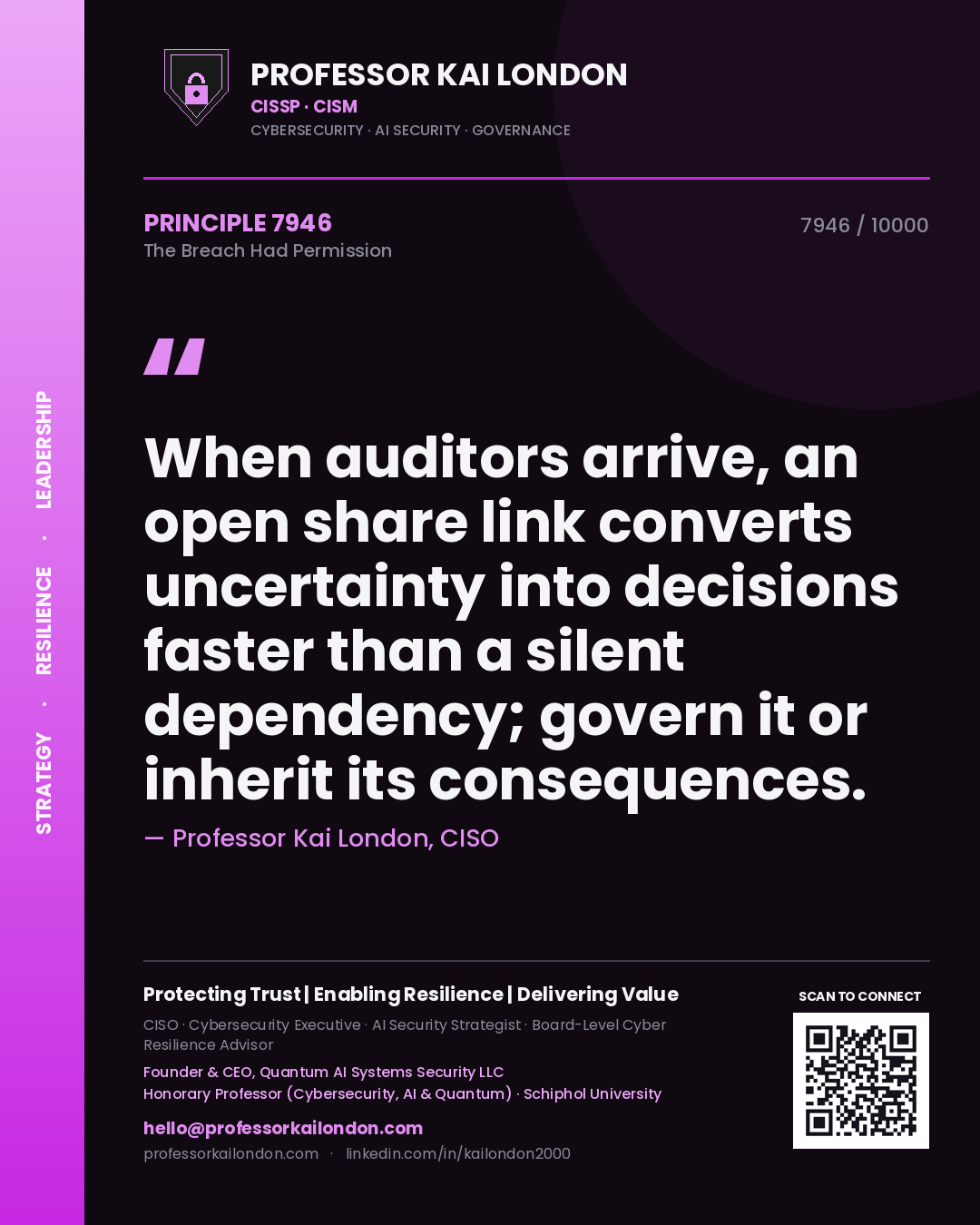 Professor Kai London principle 7946: When auditors arrive, an open share link converts uncertainty into decisions faster than a silent dependency; govern it or inherit its consequences.