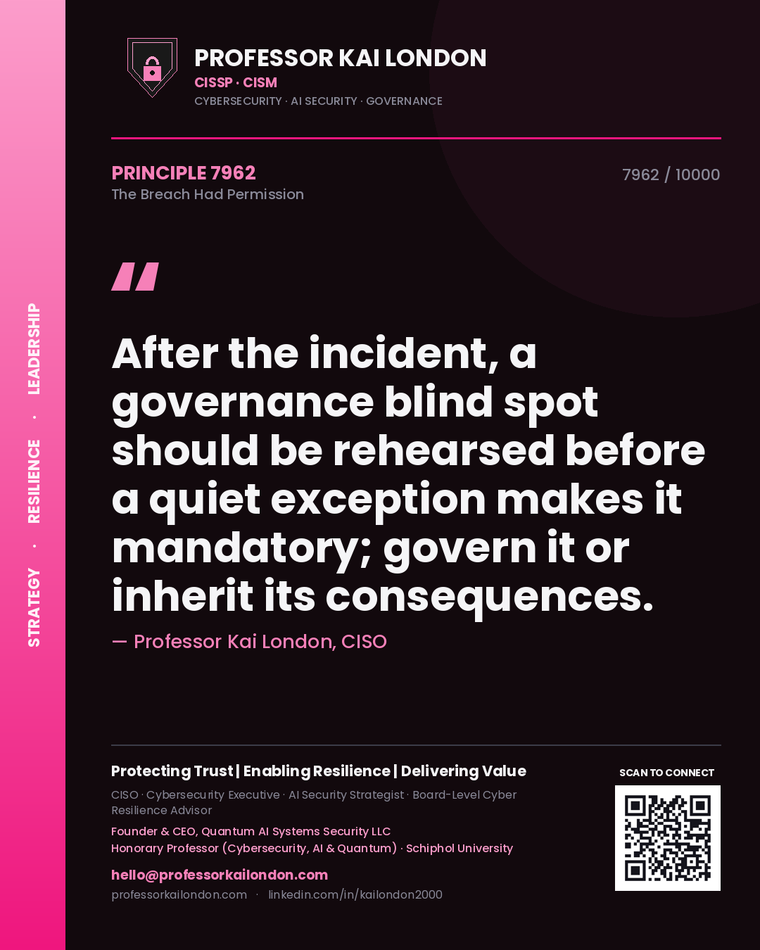 Quote card by Professor Kai London reading 'After the incident, a governance blind spot should be rehearsed before a quiet exception makes it mandatory; govern it or inherit its consequences.'. From the book The Breach Had Permission.