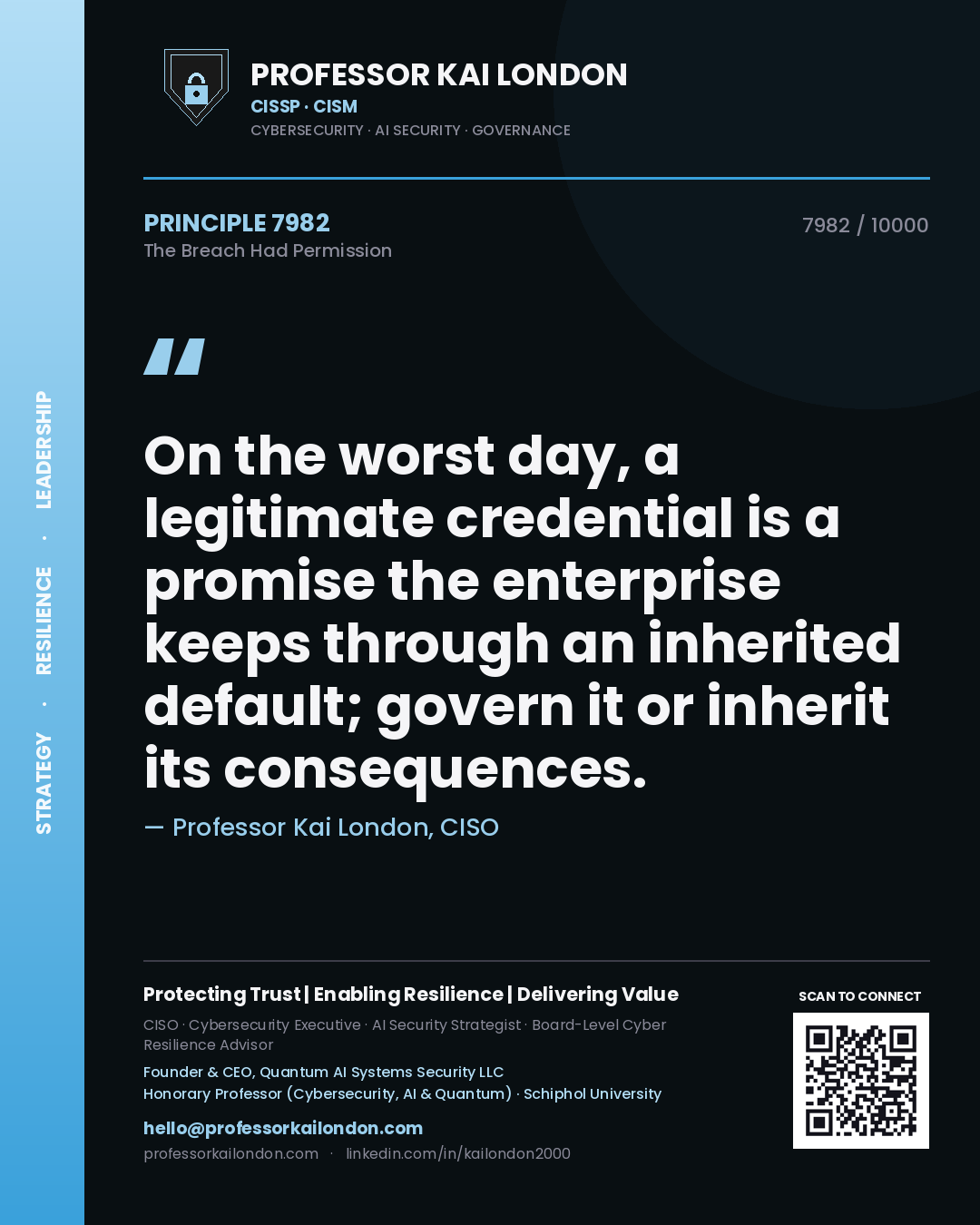 Professor Kai London principle 7982: On the worst day, a legitimate credential is a promise the enterprise keeps through an inherited default; govern it or inherit its consequences.