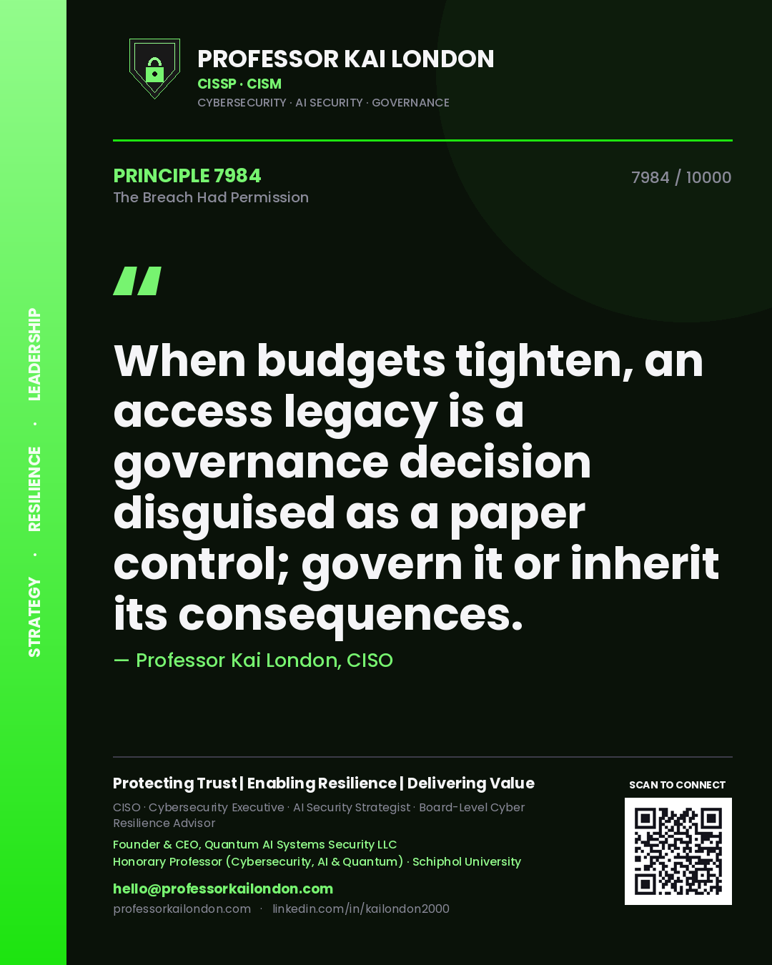 Quote card by Professor Kai London reading 'When budgets tighten, an access legacy is a governance decision disguised as a paper control; govern it or inherit its consequences.'. From the book The Breach Had Permission.