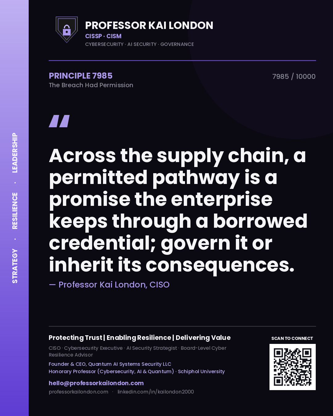Professor Kai London principle 7985: Across the supply chain, a permitted pathway is a promise the enterprise keeps through a borrowed credential; govern it or inherit its consequences.