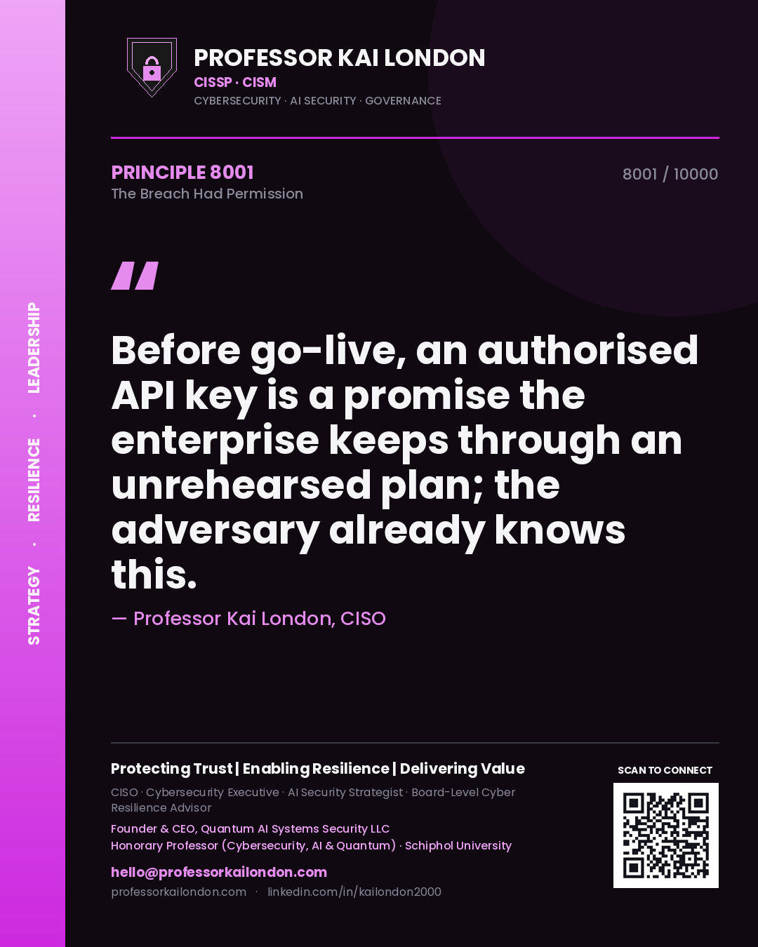 Quote card by Professor Kai London reading 'Before go-live, an authorised API key is a promise the enterprise keeps through an unrehearsed plan; the adversary already knows this.'. From the book The Breach Had Permission.