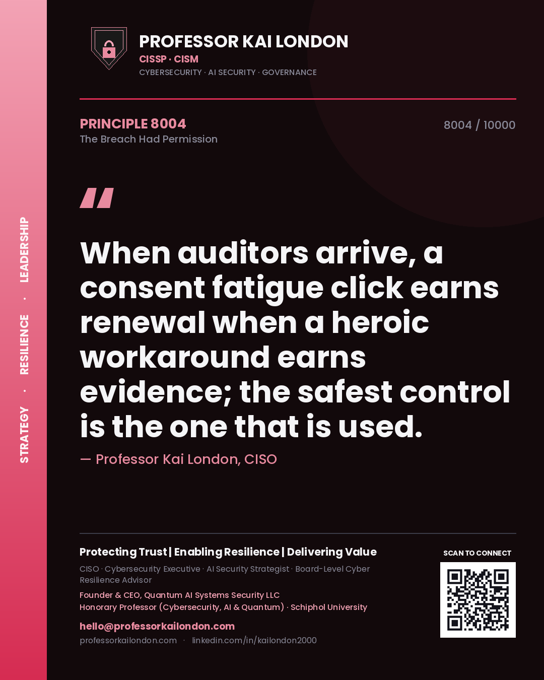Quote card by Professor Kai London reading 'When auditors arrive, a consent fatigue click earns renewal when a heroic workaround earns evidence; the safest control is the one that is used.'. From the book The Breach Had Permission.