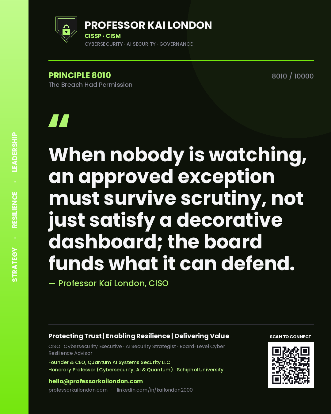 Quote card by Professor Kai London reading 'When nobody is watching, an approved exception must survive scrutiny, not just satisfy a decorative dashboard; the board funds what it can defend.'. From the book The Breach Had Permission.