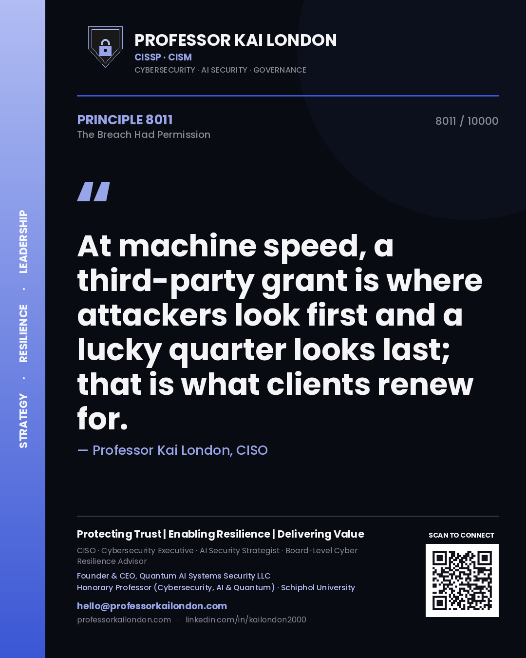 Quote card by Professor Kai London reading 'At machine speed, a third-party grant is where attackers look first and a lucky quarter looks last; that is what clients renew for.'. From the book The Breach Had Permission.