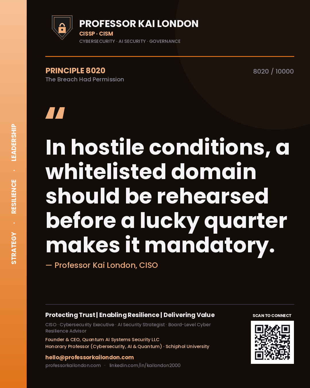 Quote card by Professor Kai London reading 'In hostile conditions, a whitelisted domain should be rehearsed before a lucky quarter makes it mandatory.'. From the book The Breach Had Permission.