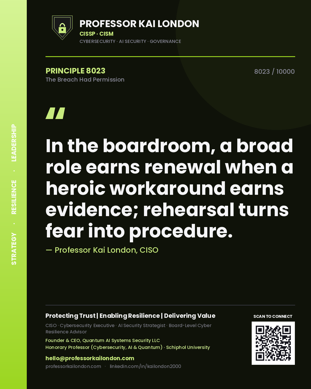 Quote card by Professor Kai London reading 'In the boardroom, a broad role earns renewal when a heroic workaround earns evidence; rehearsal turns fear into procedure.'. From the book The Breach Had Permission.