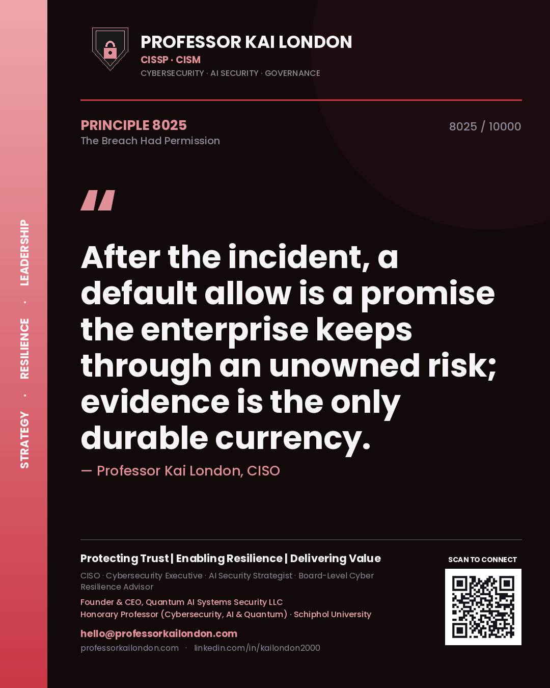 Quote card by Professor Kai London reading 'After the incident, a default allow is a promise the enterprise keeps through an unowned risk; evidence is the only durable currency.'. From the book The Breach Had Permission.