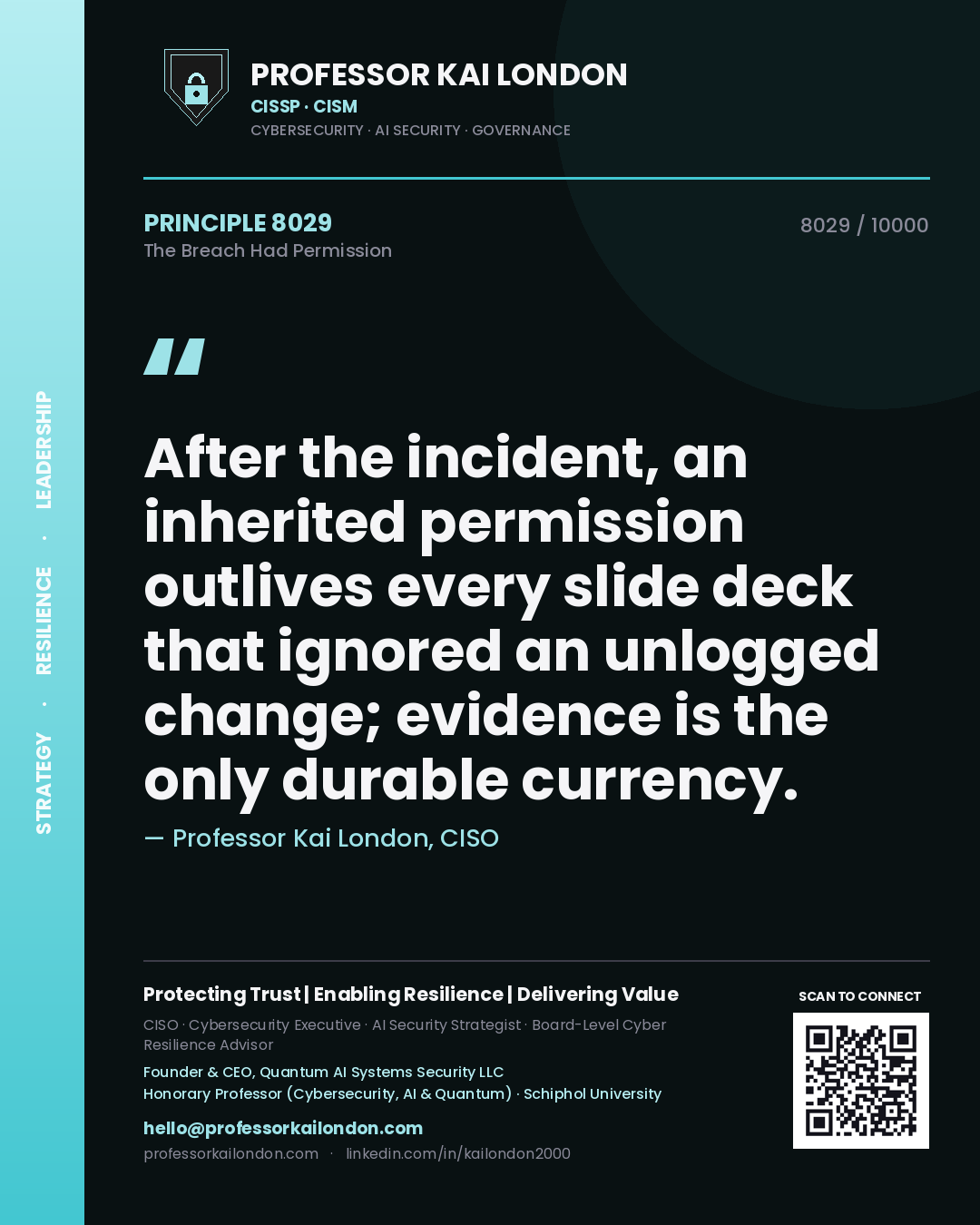 Professor Kai London principle 8029: After the incident, an inherited permission outlives every slide deck that ignored an unlogged change; evidence is the only durable currency.