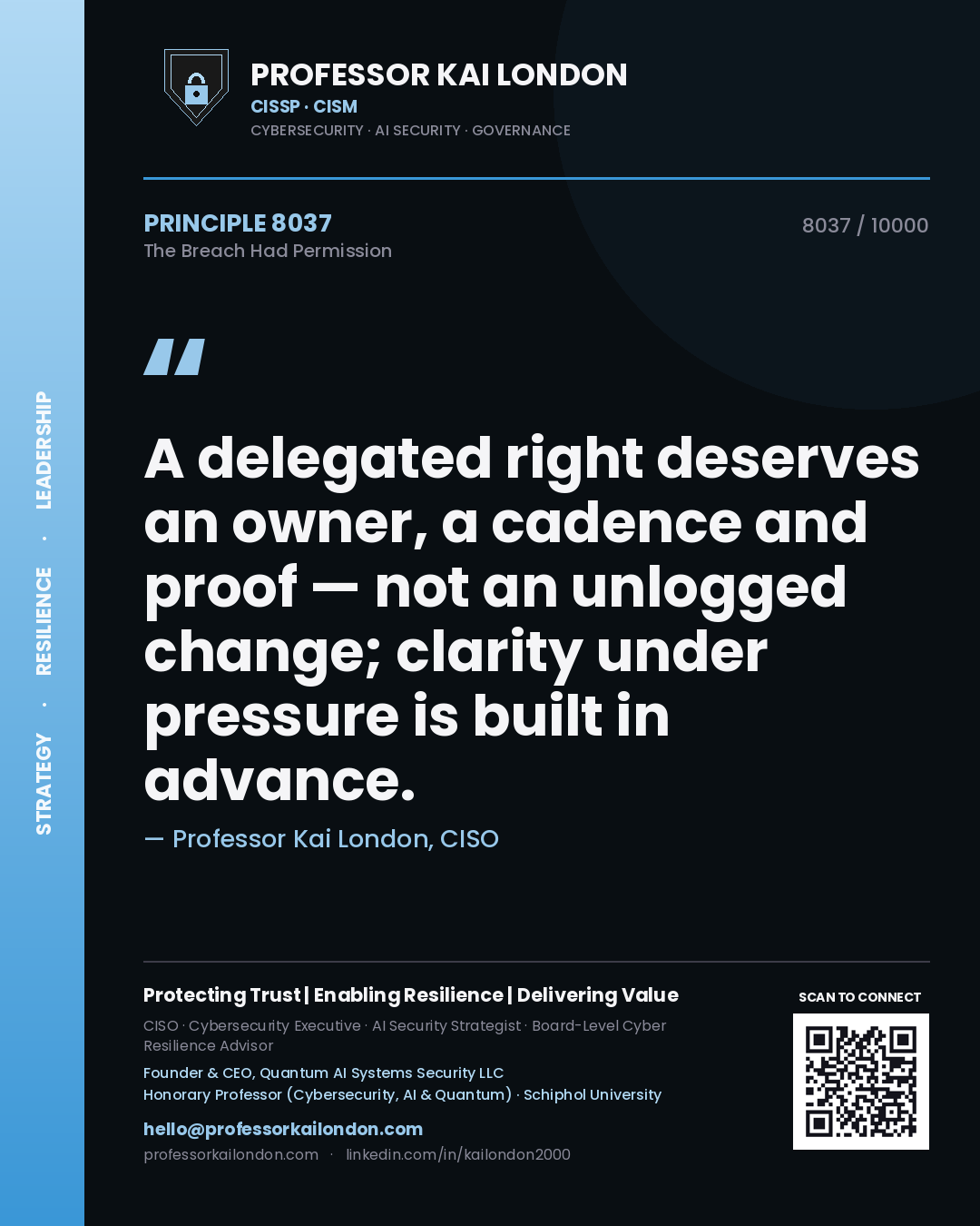 Quote card by Professor Kai London reading 'A delegated right deserves an owner, a cadence and proof — not an unlogged change; clarity under pressure is built in advance.'. From the book The Breach Had Permission.