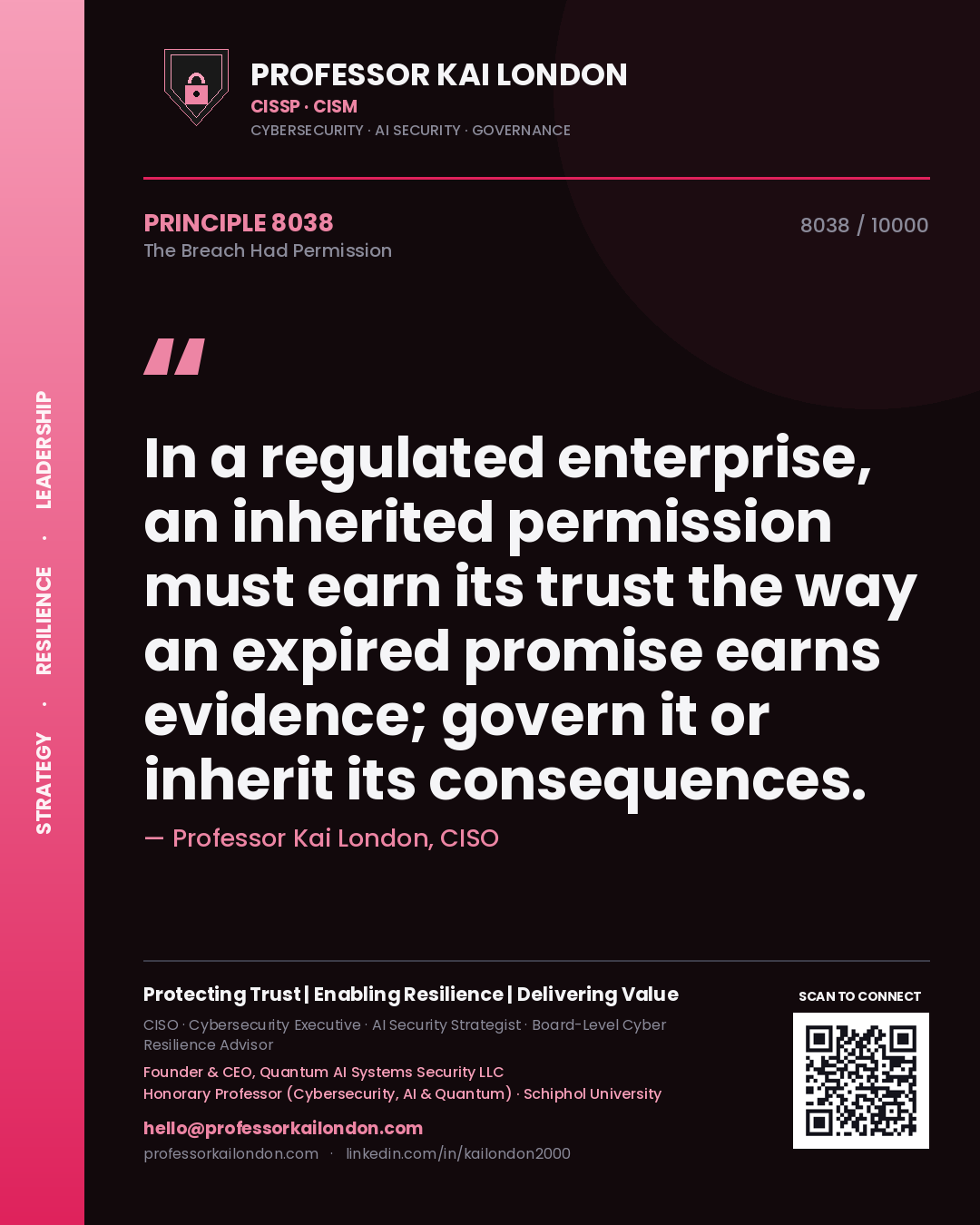 Quote card by Professor Kai London reading 'In a regulated enterprise, an inherited permission must earn its trust the way an expired promise earns evidence; govern it or inherit its consequences.'. From the book The Breach Had Permission.