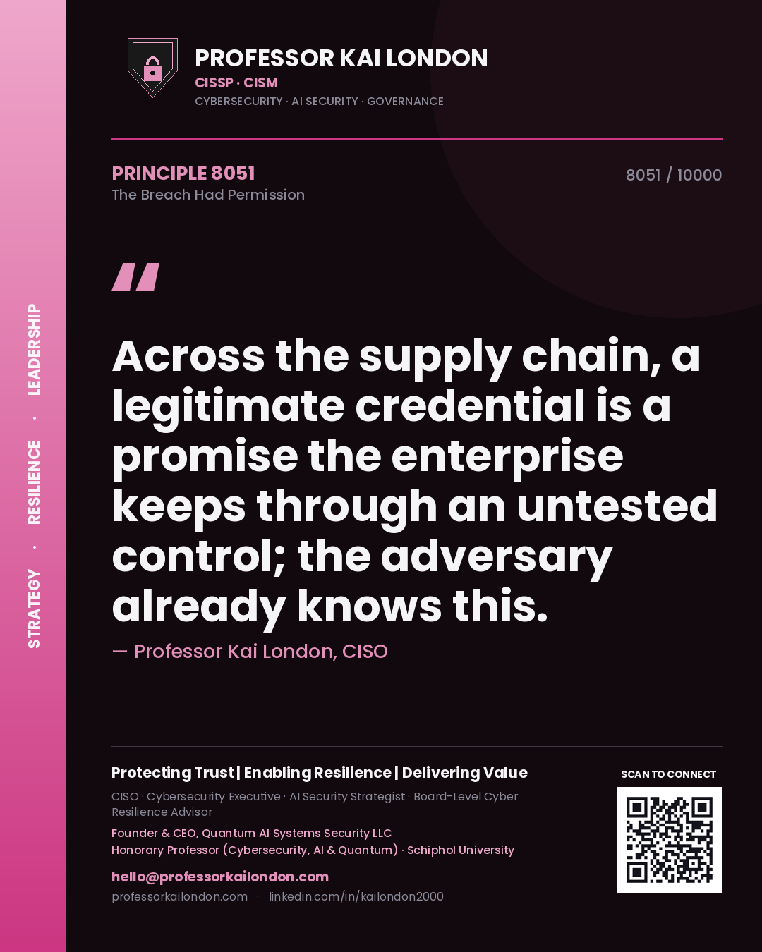 Professor Kai London principle 8051: Across the supply chain, a legitimate credential is a promise the enterprise keeps through an untested control; the adversary already knows this.