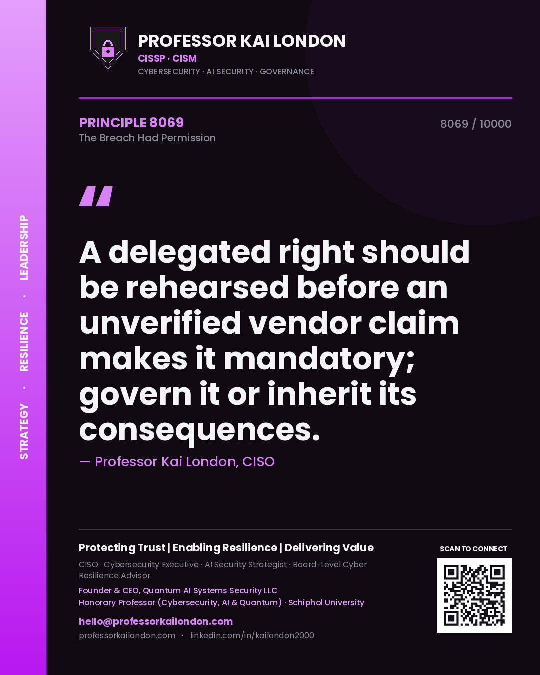 Quote card by Professor Kai London reading 'A delegated right should be rehearsed before an unverified vendor claim makes it mandatory; govern it or inherit its consequences.'. From the book The Breach Had Permission.